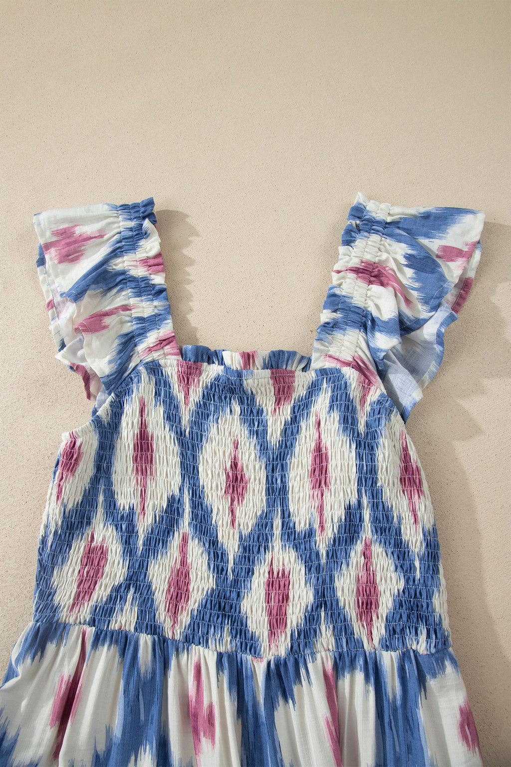 Ruffle Sleeve Boho Mini Dress Abstract Pattern Square Neck