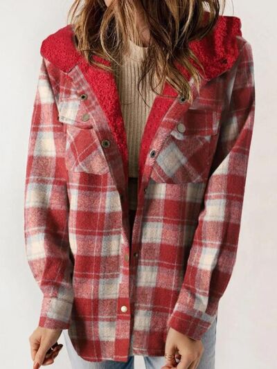 Plush Plaid Snap Down Hooded Jacket Cozy Warm Casual Outerwear