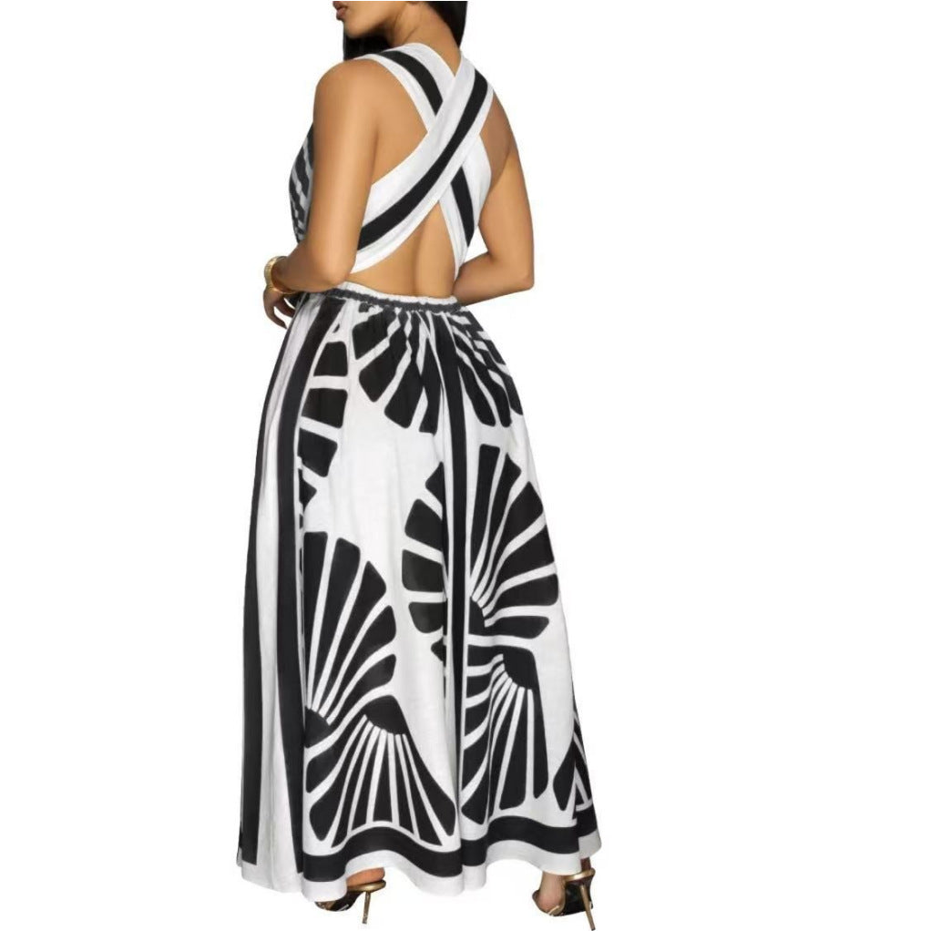 Women’s V-Neck Backless Tropical Print Large Swing Dress