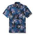 Dark blue button-down shirt with hand-painted orchid floral pattern