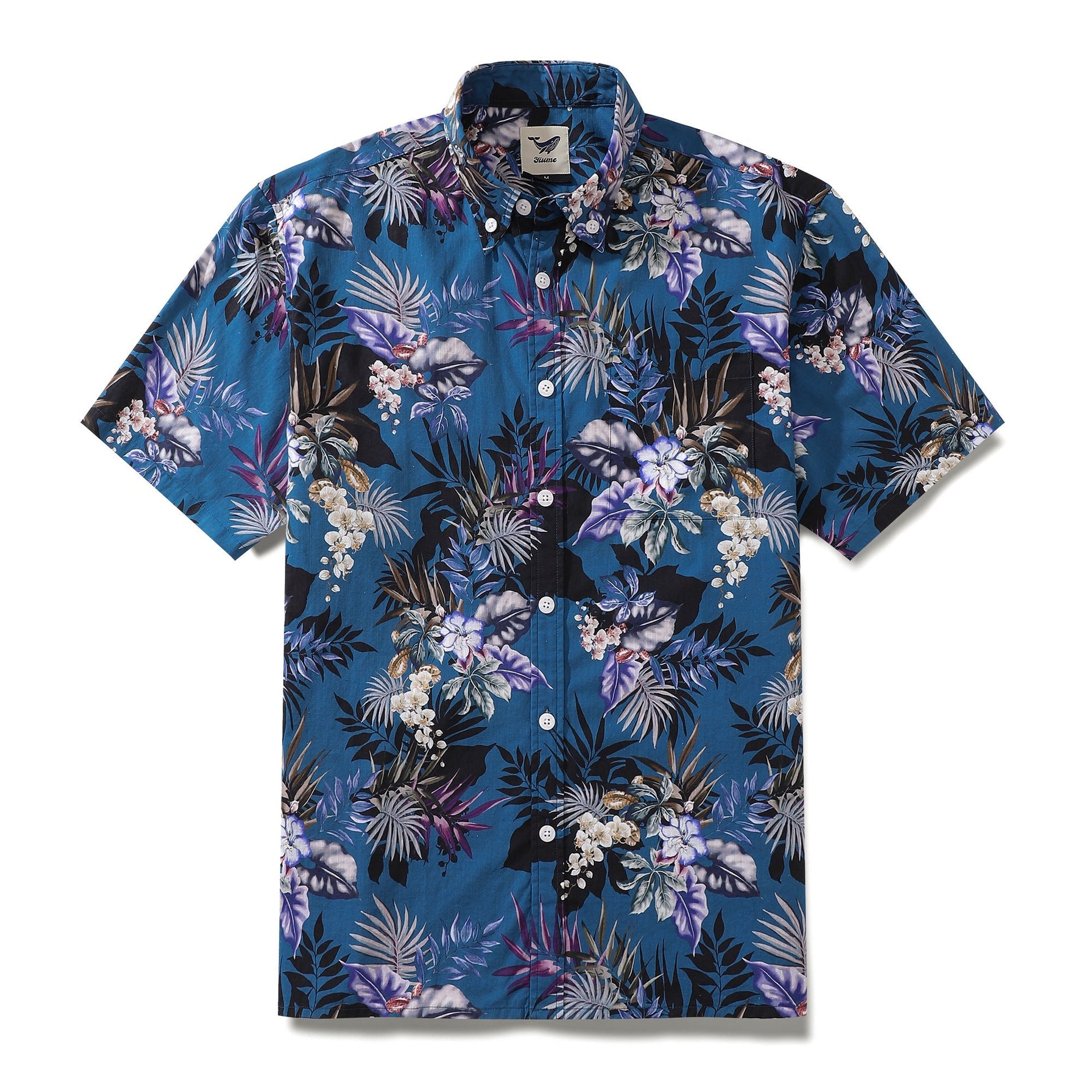 Dark blue button-down shirt with hand-painted orchid floral pattern