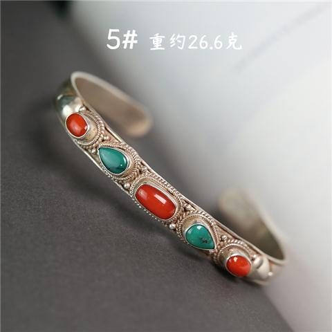 Yan Ran Nepalese Handmade Vintage Sterling Silver Inlaid Gemstone Turquoise Bracelet Personality Opening Silver Jewelry