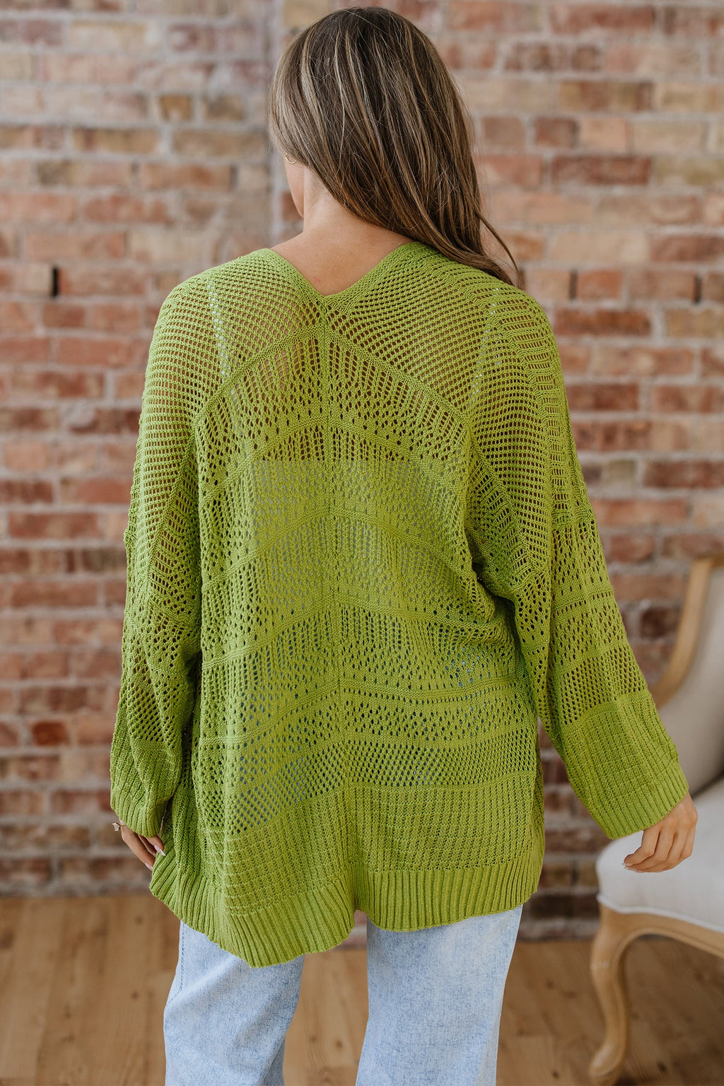 Whitley Lime Green Crochet Knit Open Front Cardigan - Image 2
