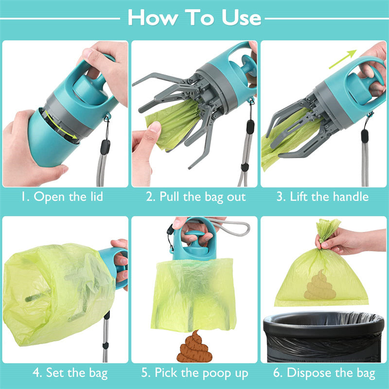 Portable Eight-Claw Dog Pooper Scooper with Bag Dispenser - Teal/Grey