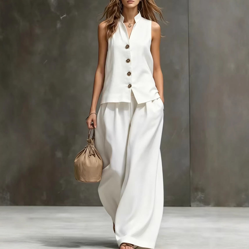 Sleeveless Vest & Wide-Leg Pants Two-Piece Cotton Linen Set