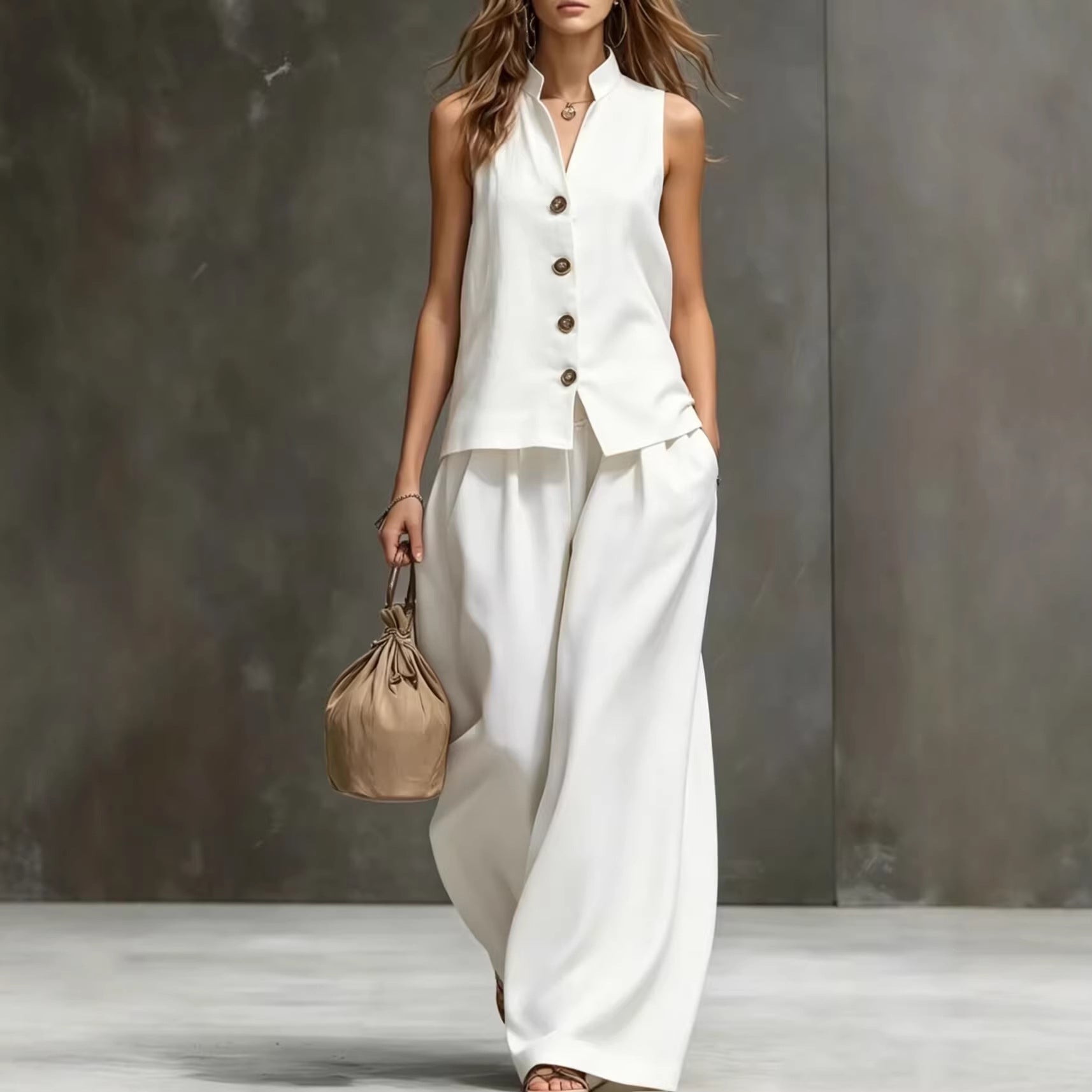 Sleeveless Vest & Wide-Leg Pants Two-Piece Cotton Linen Set