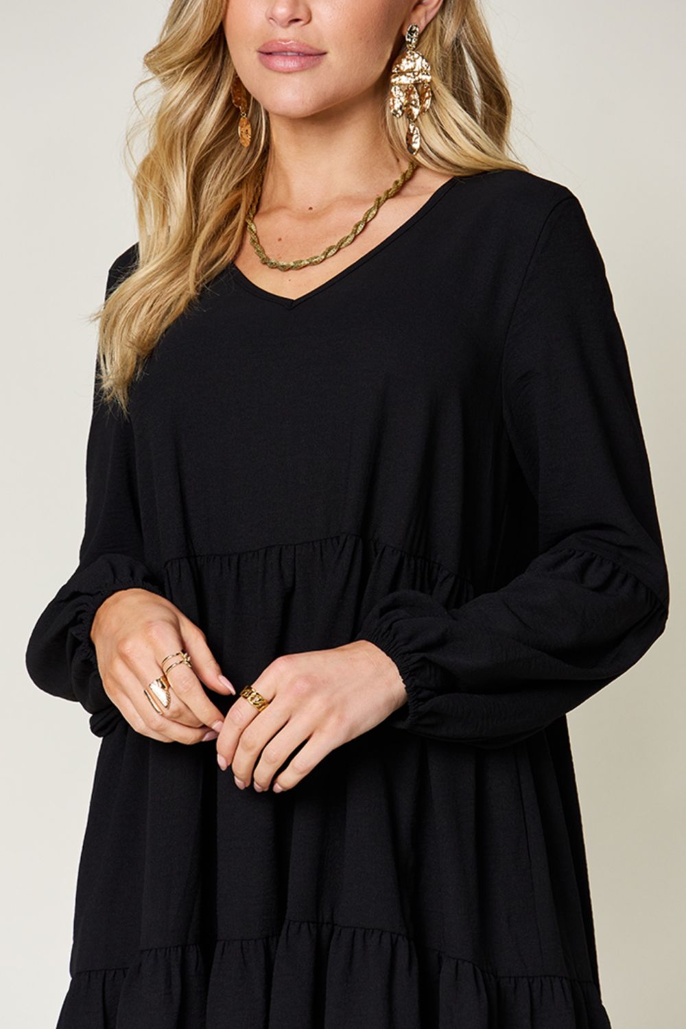 Light Green V-Neck Tiered Midi Dress with Side Pockets