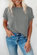White Crinkle Rib Textured Knit Round Neck T-Shirt