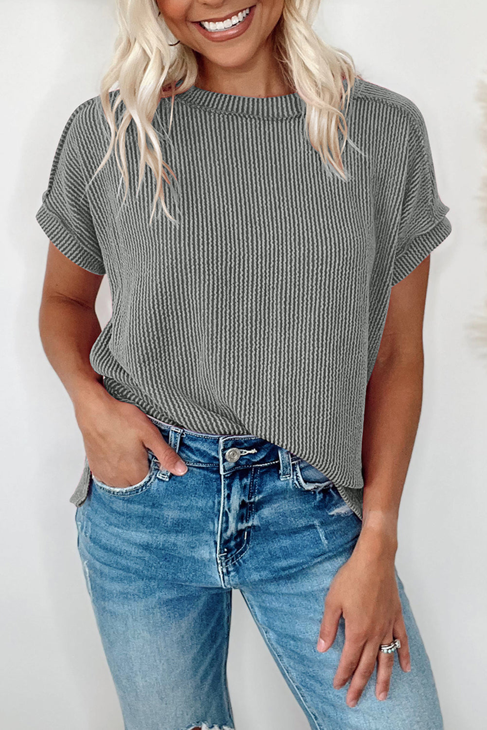 White Crinkle Rib Textured Knit Round Neck T-Shirt