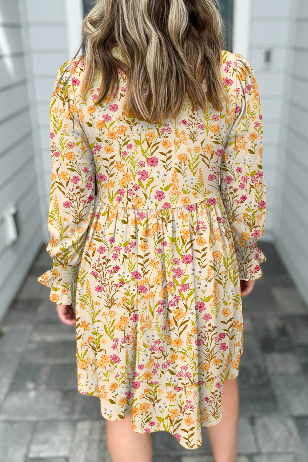Yellow Floral Print Frilly Trim Smocked Cuff Long Sleeve Shirt Dress