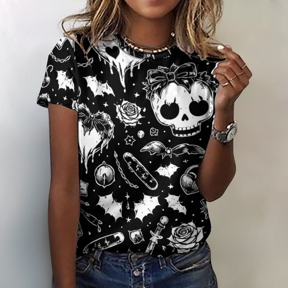 Women's Black & White Skulls Goth Pattern 100% Cotton T-Shirt - Image 3