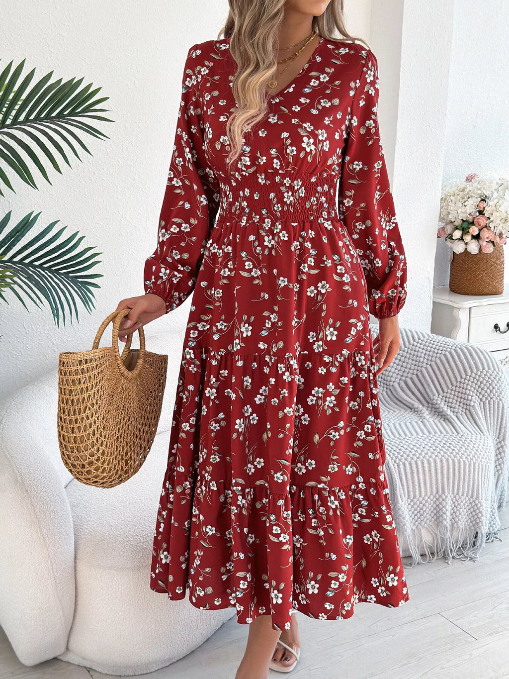 Floral Print Long Sleeve V-Neck Midi Dress