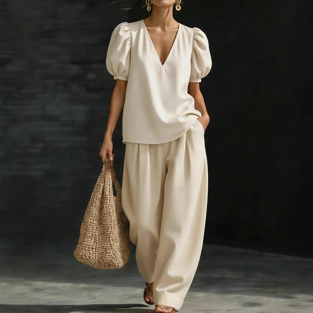 Women's V-Neck Puff Sleeve Top and Wide Leg Trouser Set - Image 4