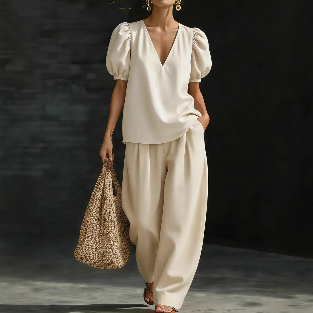 Women's V-Neck Puff Sleeve Top and Wide Leg Trouser Set - Image 4