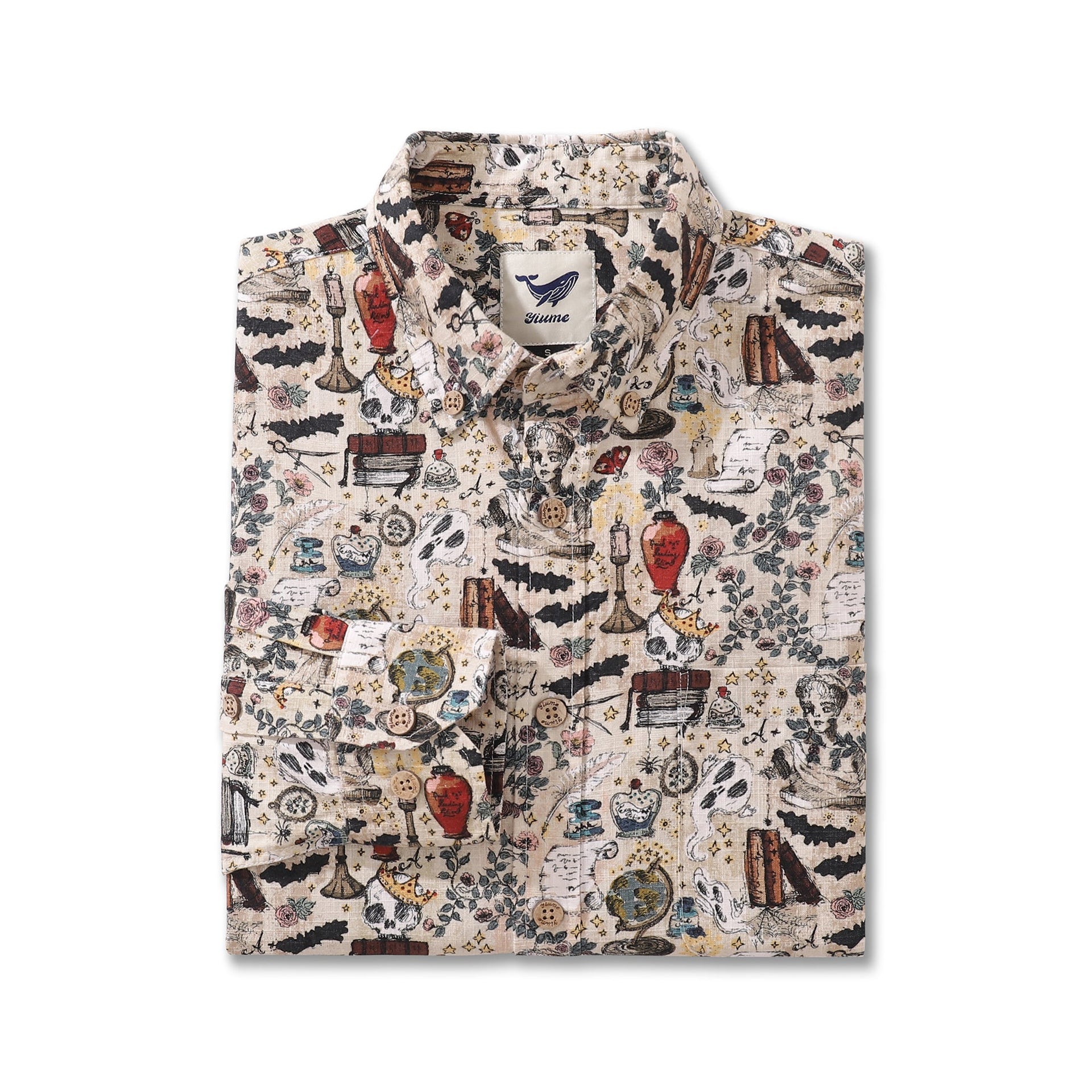 Men's Whimsical Gothic Hawaiian Button-Down Shirt in Beige