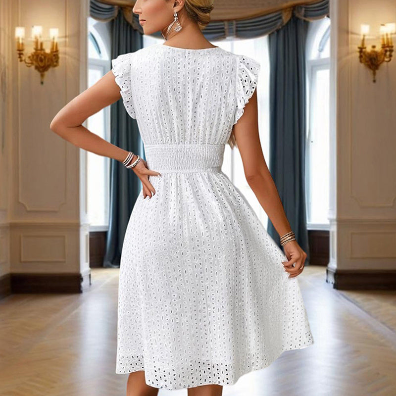 White V-Neck Eyelet Lace Midi Dress with Elastic Waist - Image 4
