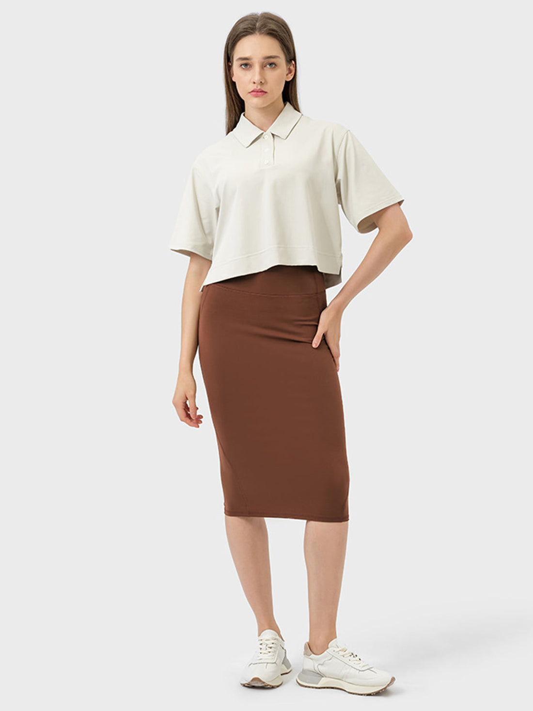 Brown Slit Wrap Active Skirt Stretchy Midi Athletic Skirt - Image 5