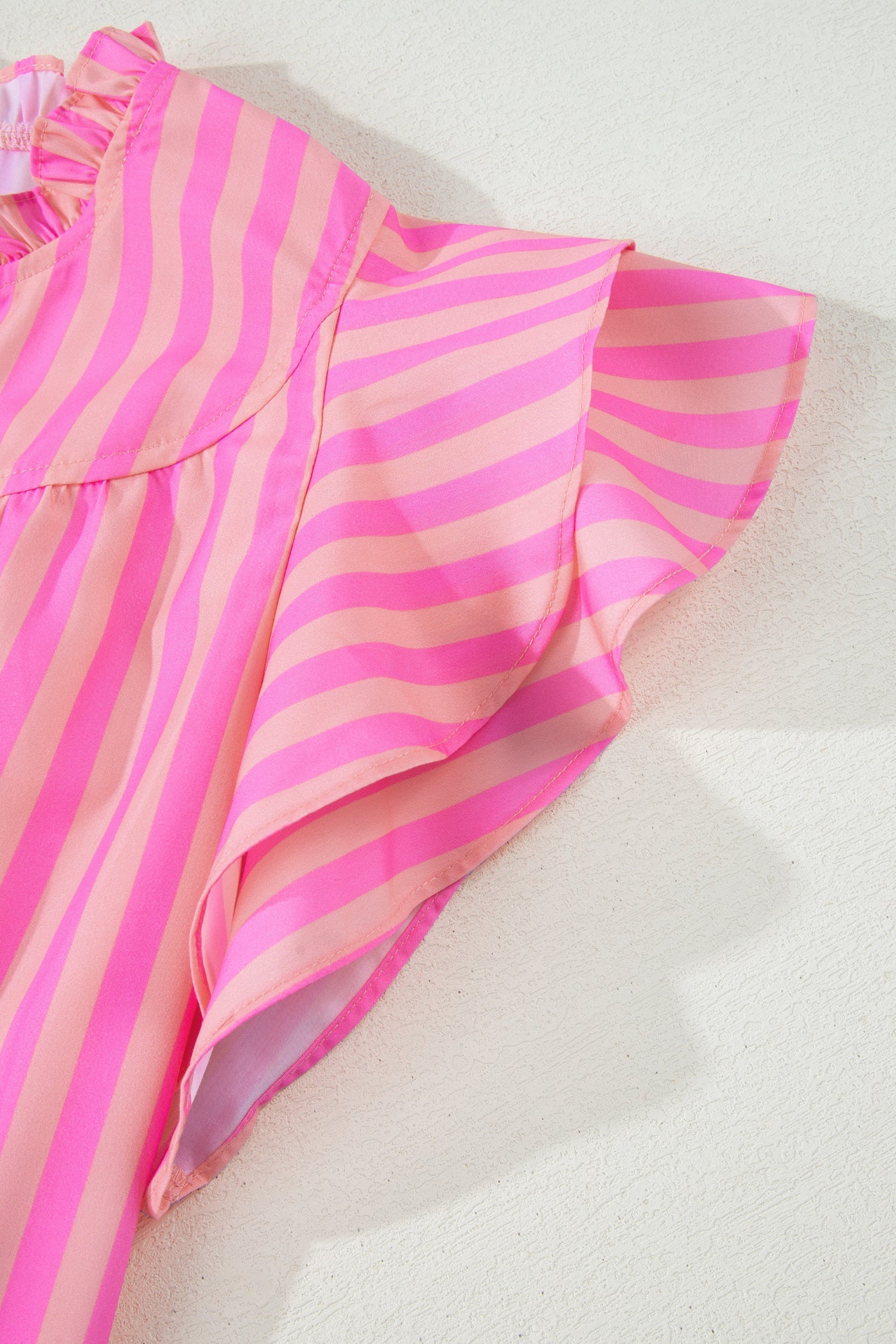 Juniper Striped V-Neck Ruffled Summer Blouse in Pink & Peach