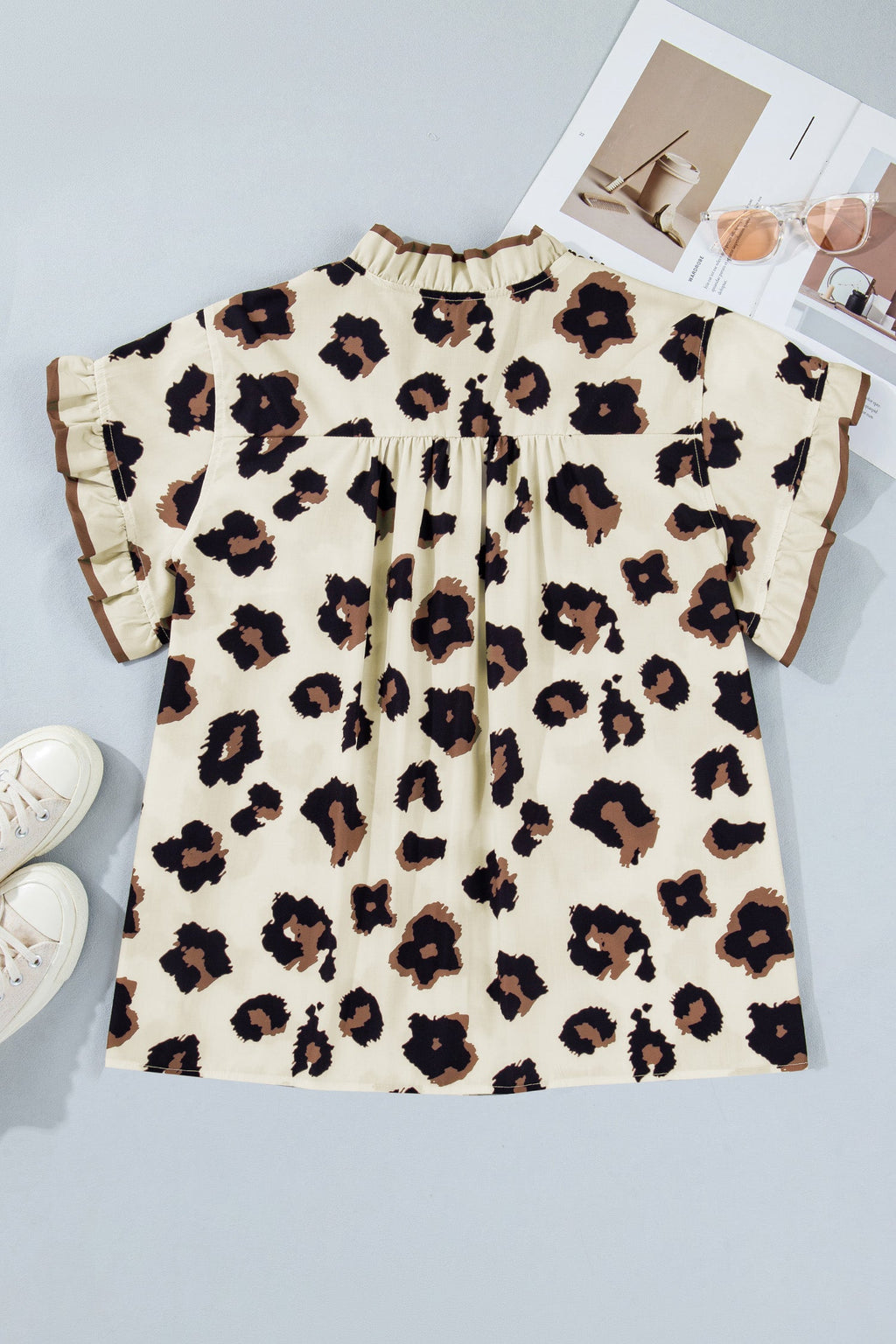 Leopard Print Frilled Button Down Blouse
