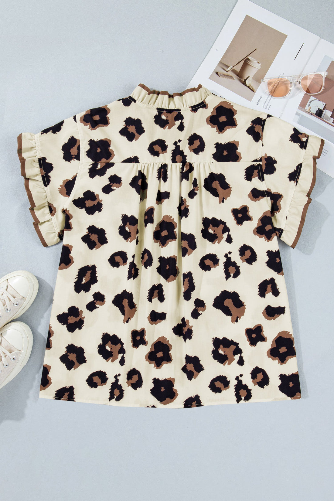 Leopard Print Frilled Button Down Blouse