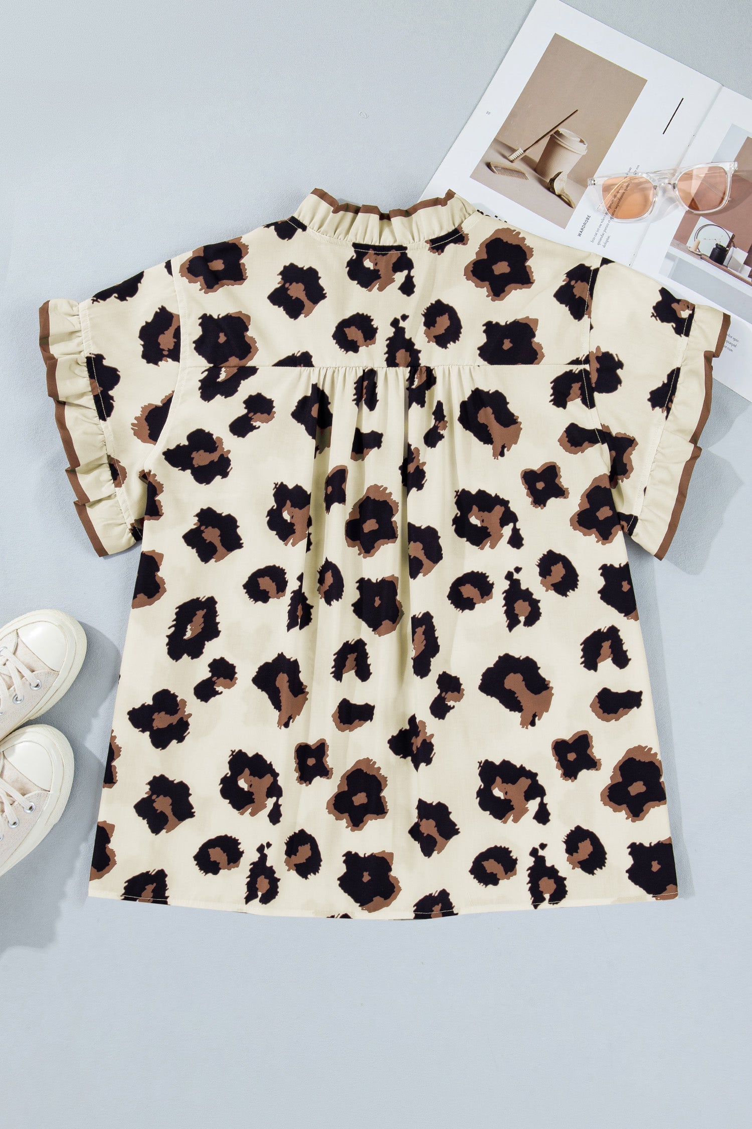 Leopard Print Frilled Button Down Blouse