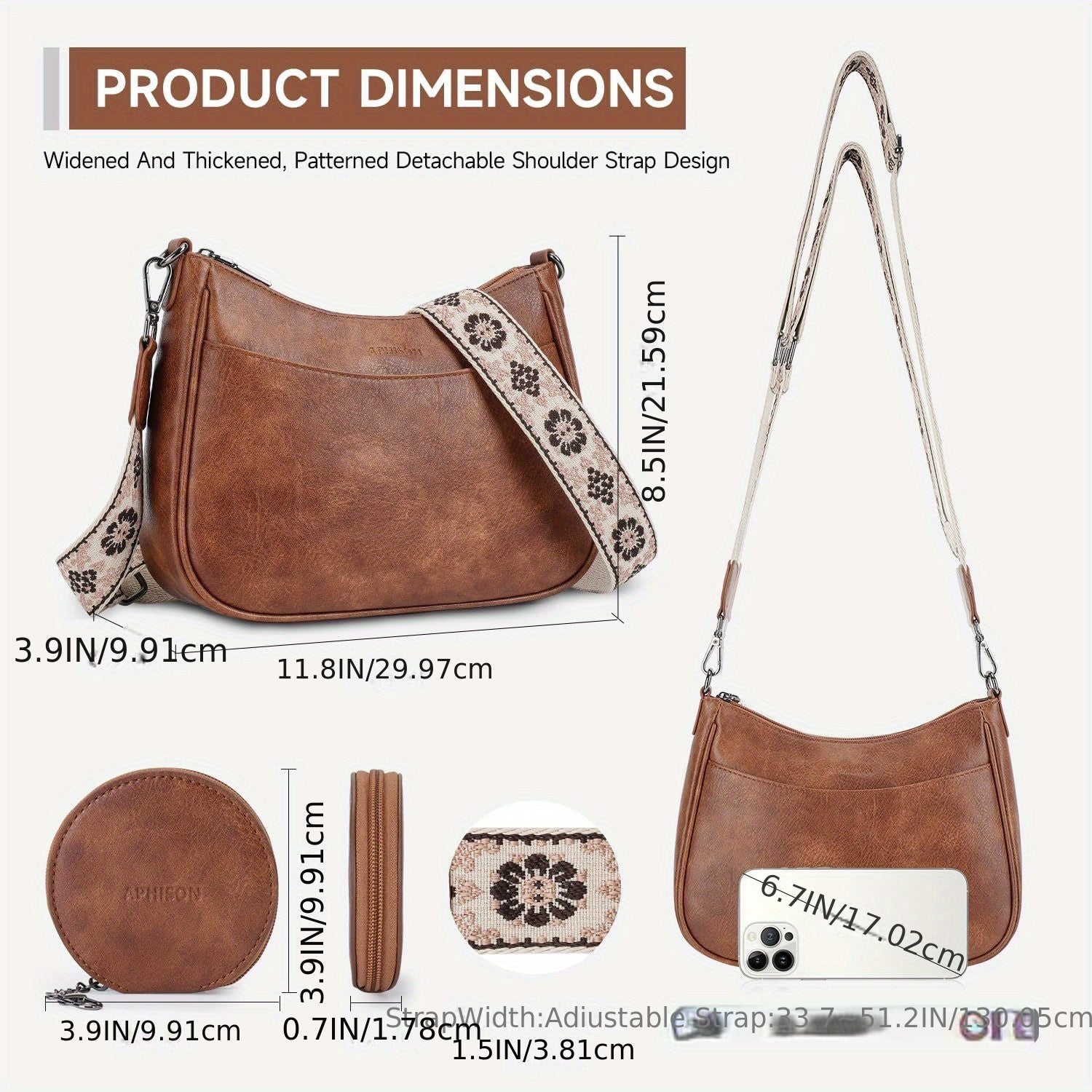 Vintage Crossbody Bag Chic Shoulder Purse Adjustable Strap