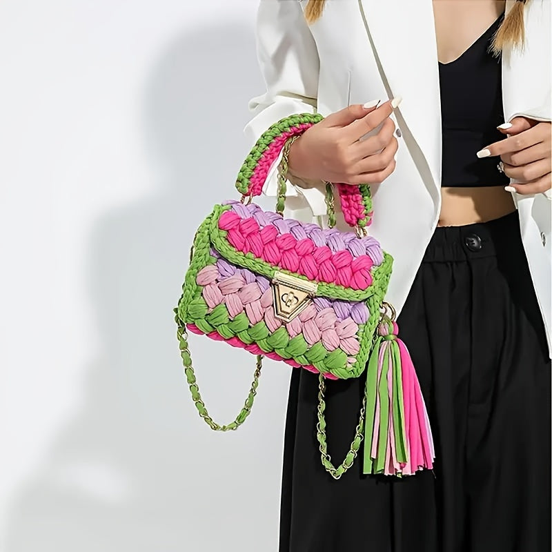 Boho Crochet Tassel Crossbody Chic Mini Color block Bag