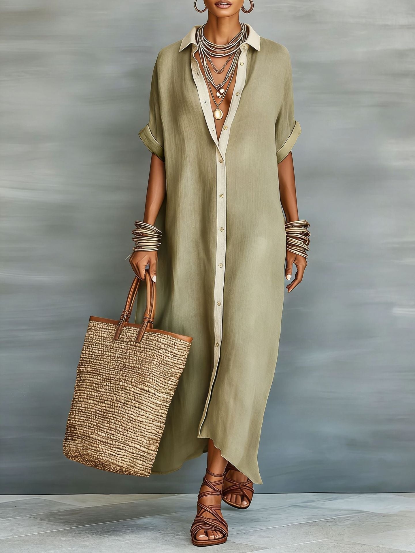 Color-Block Shirt Maxi Dress: Loose Button-Front Long Dress