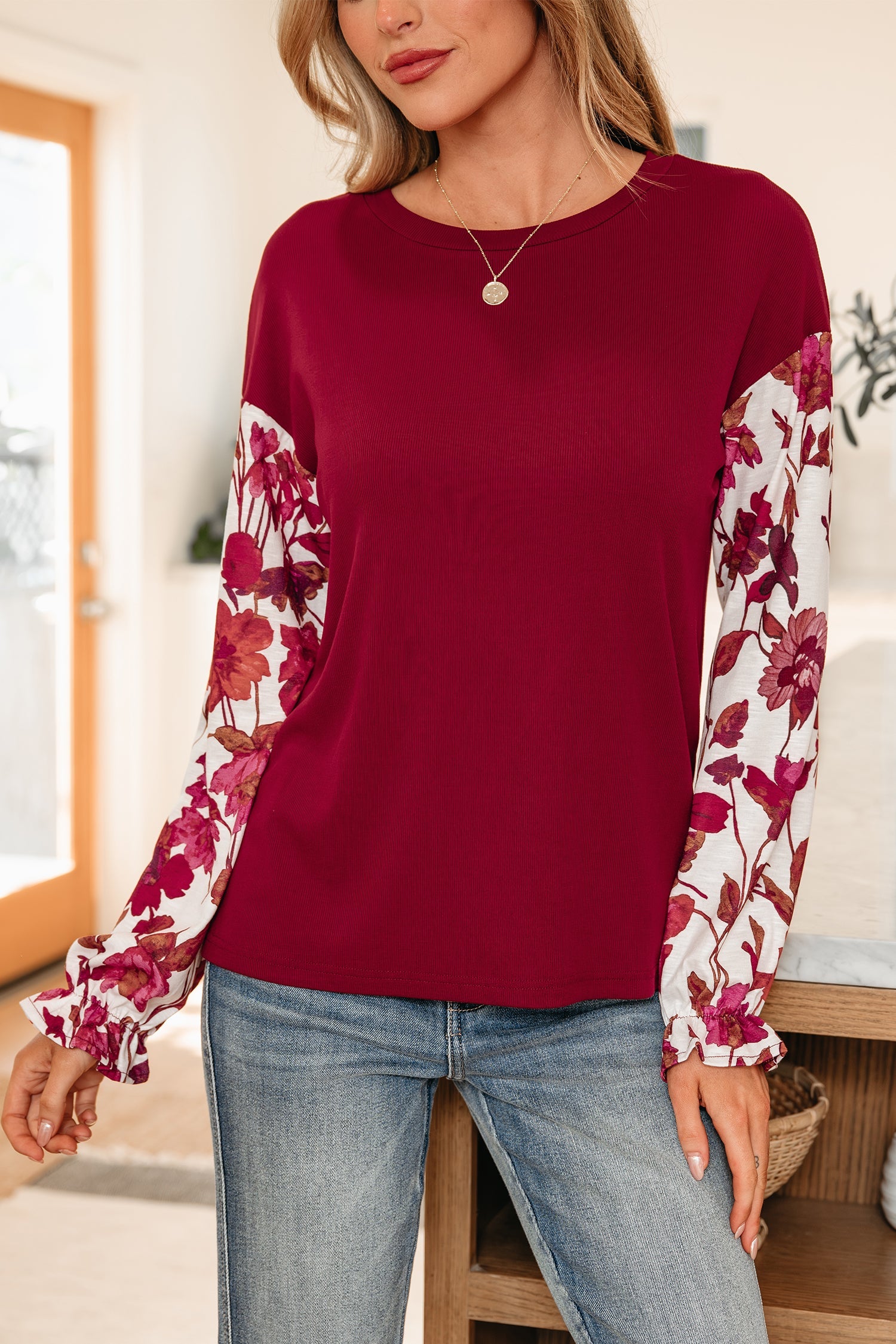 Wild Ginger Contrast Floral Sleeve Solid Ribbed Long Sleeve Top