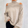 Women's Cold Shoulder High Neck Cable Knit Sweater Pullover - Image 9