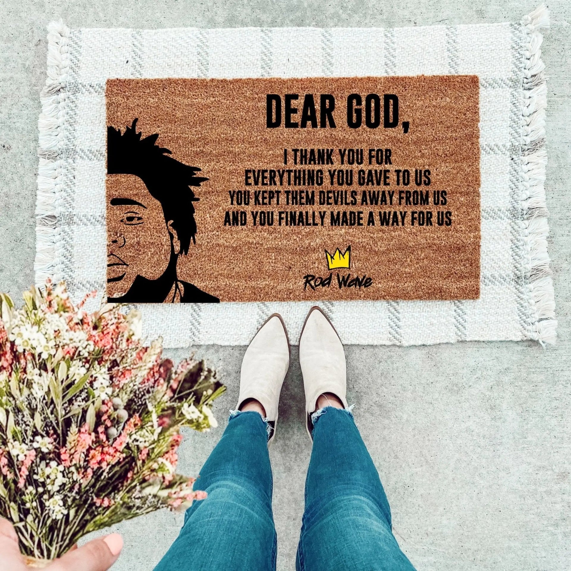 Natural coir doormat featuring the text Dear God I Thank You for front porch decor