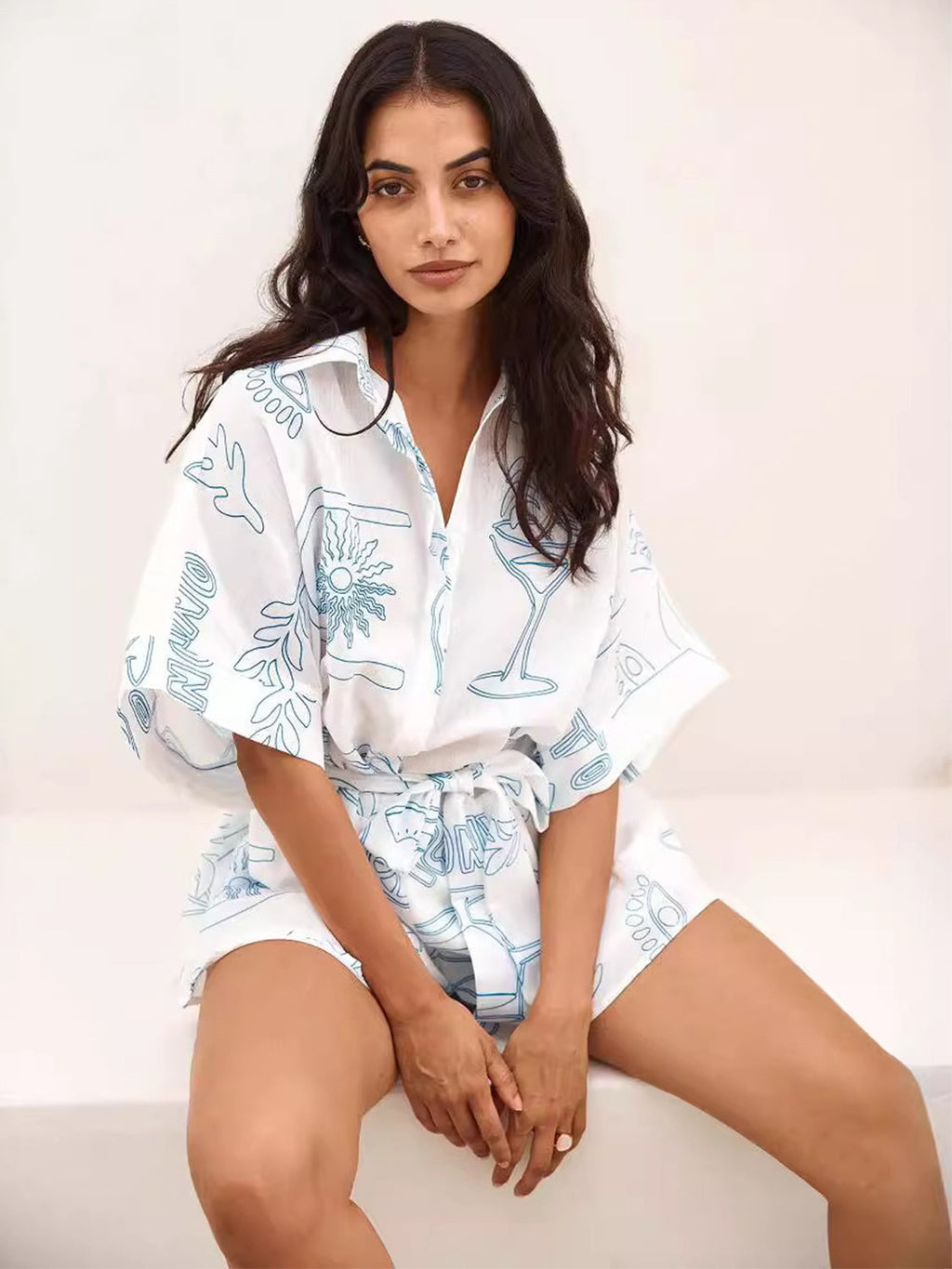 Printed Collared Neck Half Sleeve Romper | Buttoned