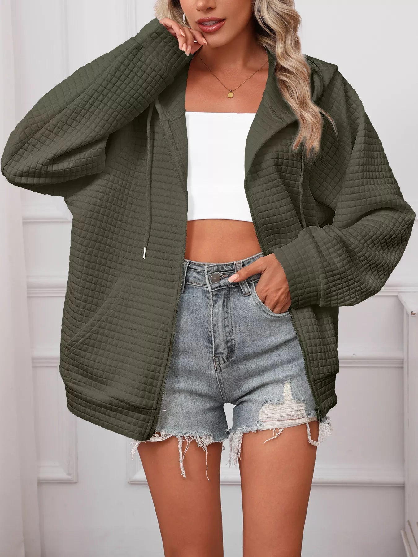 Full Size Textured Quilted Zip-Up Hooded Jacket Plus Size
