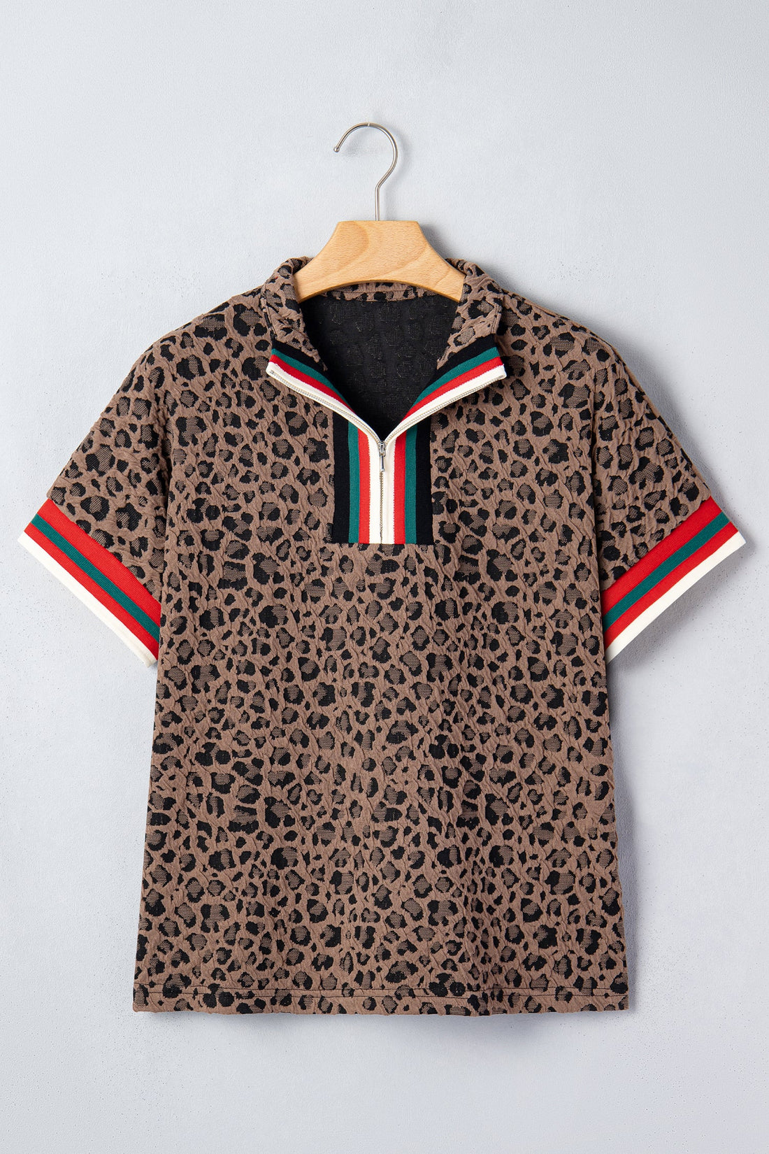 Leopard Stripe Patchwork Half Zip Collared Blouse