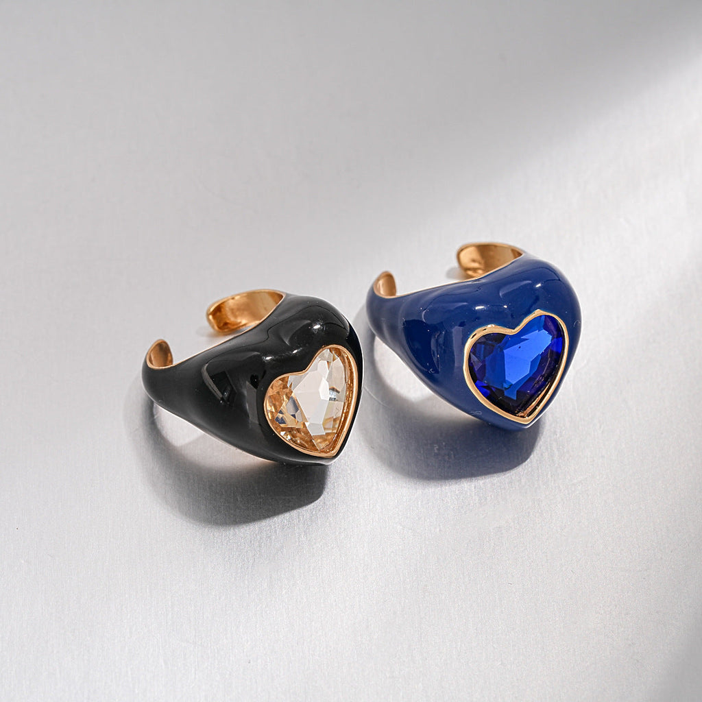 Women Heart Open Adjustable Ring,European American Enamel Inlaid Rhinestone Ring,Simple Elegant Niche Fashion Index Finger Hand Jewelry