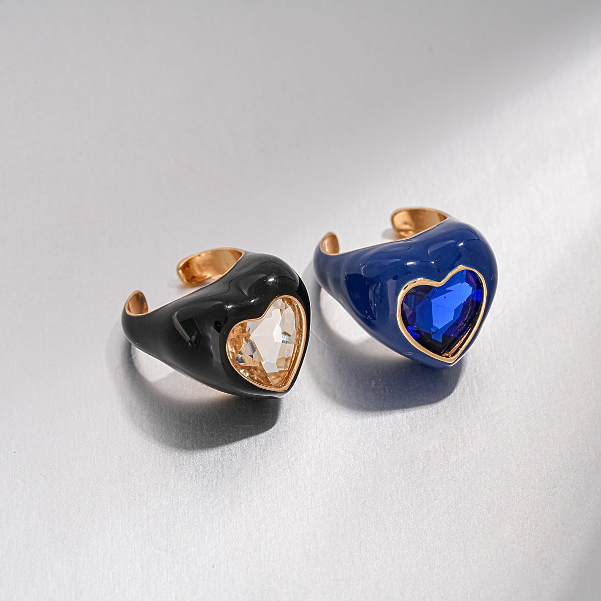 Women Heart Open Adjustable Ring,European American Enamel Inlaid Rhinestone Ring,Simple Elegant Niche Fashion Index Finger Hand Jewelry