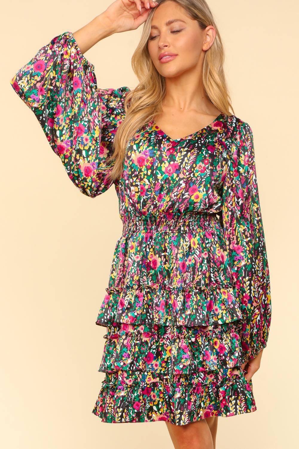 Floral Satin V-Neck Layered Dress for Summer Parties