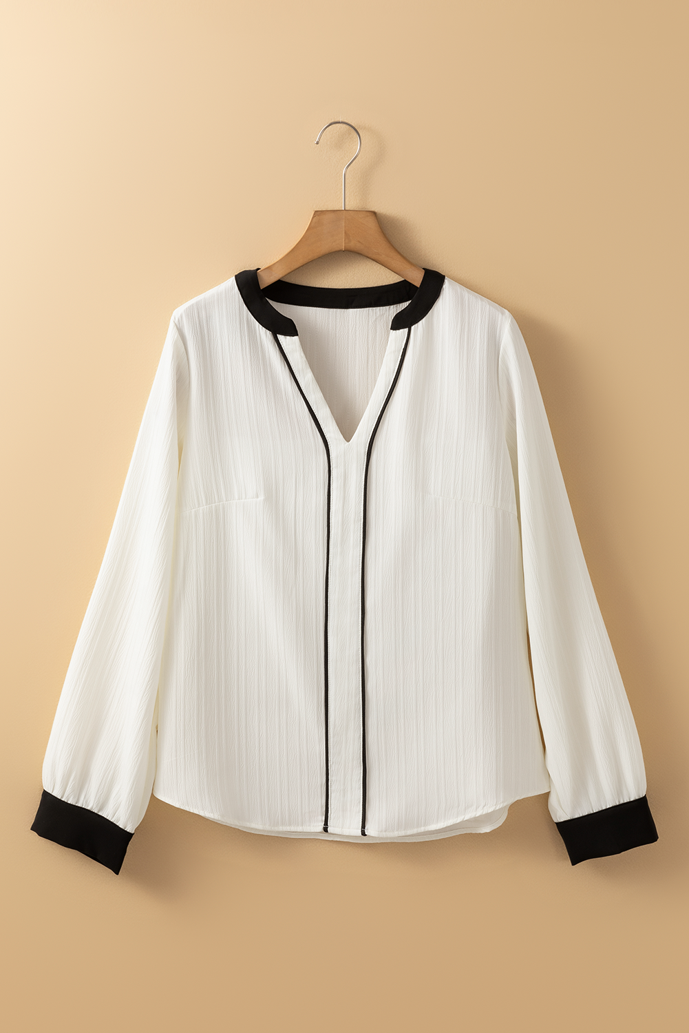 White Textured Colorblock V Neck Long Sleeve Elegant Blouse