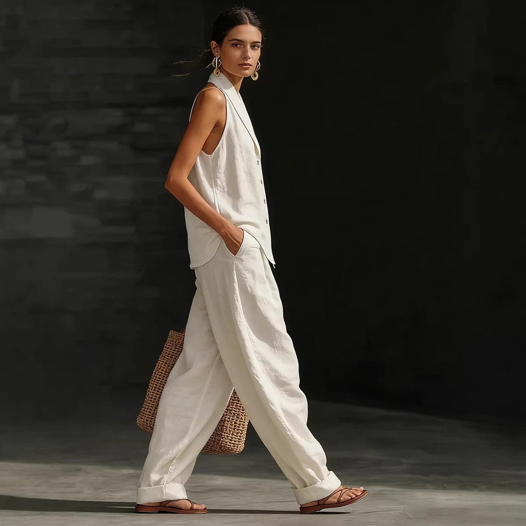Women's Sleeveless V-Neck Vest and Wide-Leg Cotton Linen Pants Set - Image 5