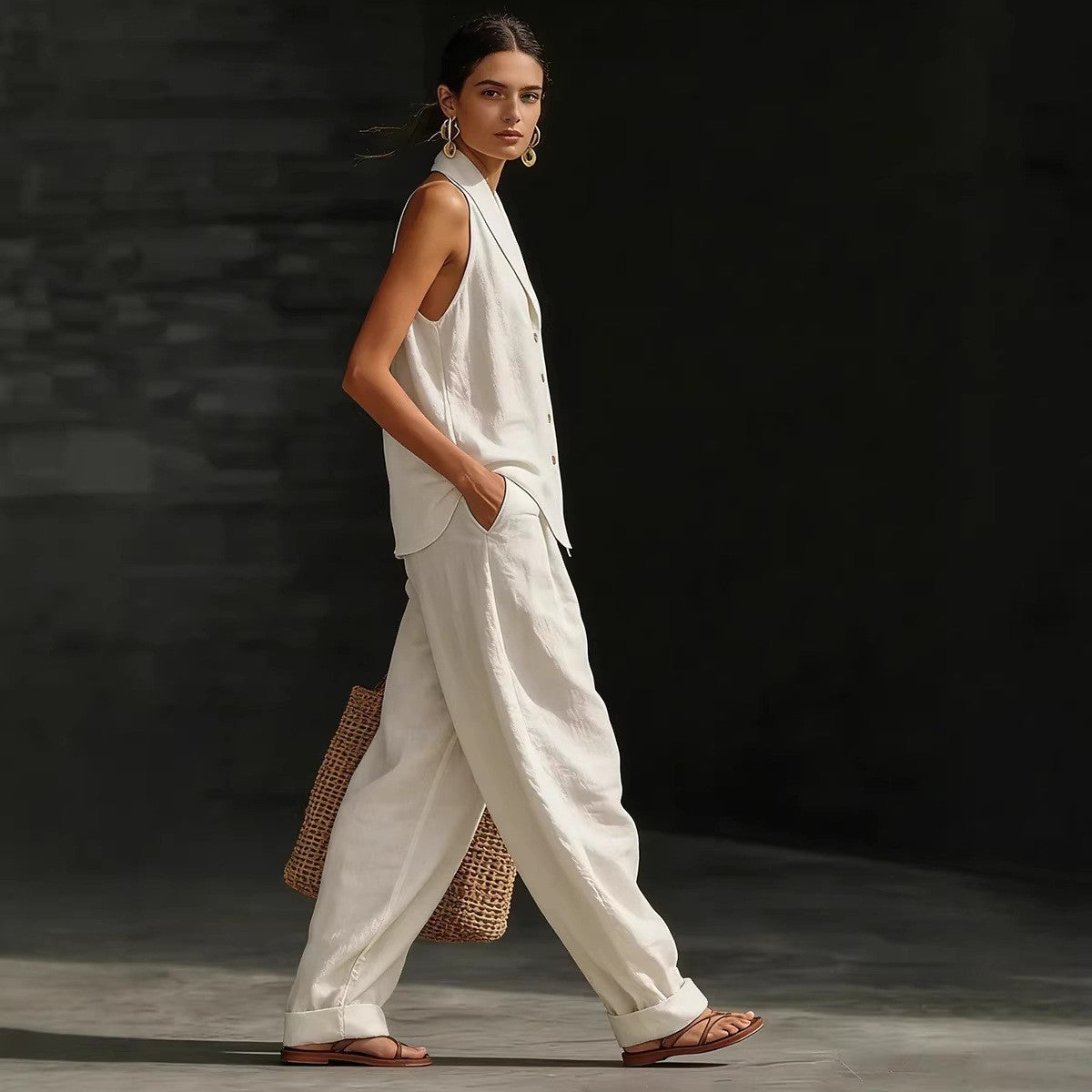 Women's Sleeveless V-Neck Vest and Wide-Leg Cotton Linen Pants Set - Image 5