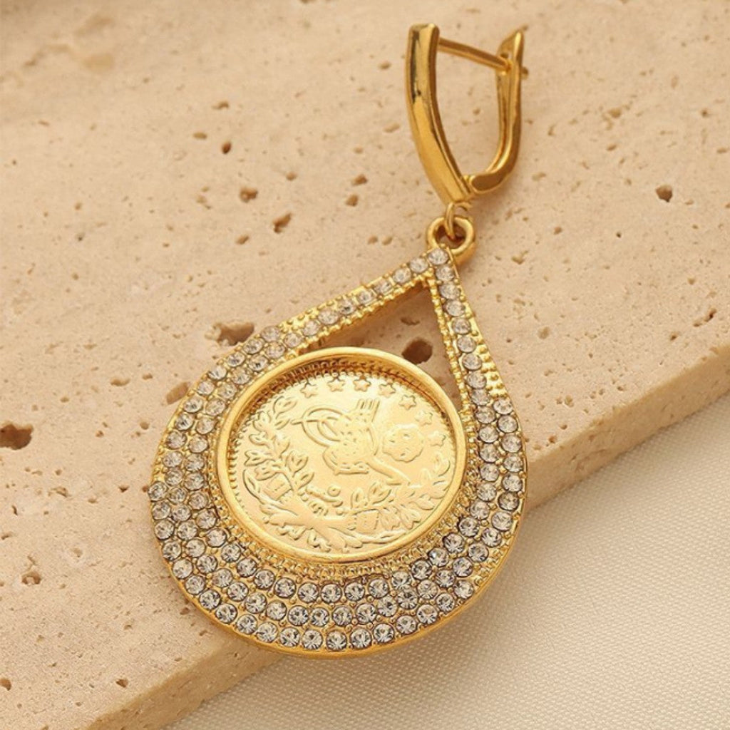 18K Gold-Tone Coin Stud Earrings with Crystal Accent Vintage Style