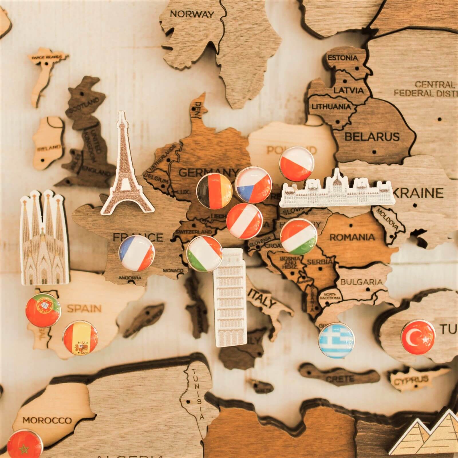 Modern Wooden World Map Wall Decor in Brown Tan and Beige