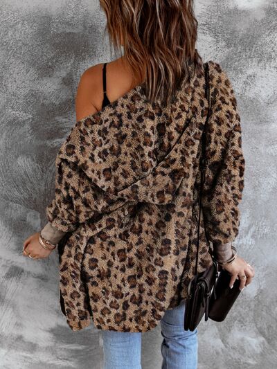 Fuzzy Leopard Hooded Jacket for Women - Casual Streetwear