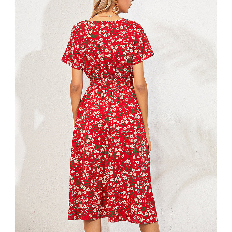Boho Floral Print V-Neck Mini Dress with Smocked Waist