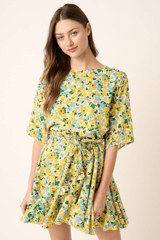 Floral Tie Waist Mini Dress - Half Sleeve Bohemian Summer Dress