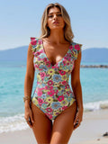 Women's Floral Print One-Piece Swimsuit with Ruffled Shoulders