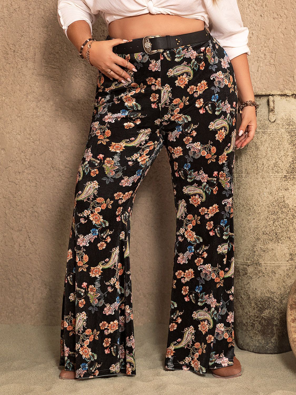 Black Floral Paisley Wide Leg Pants High Waisted Comfortable Fit - Image 4