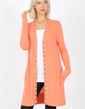 Full Sleeve Long Snap Cardigan in Deep Coral worn as a layering piece