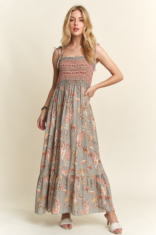 Smocked Printed Square Neck Tie Shoulder Cami Dress