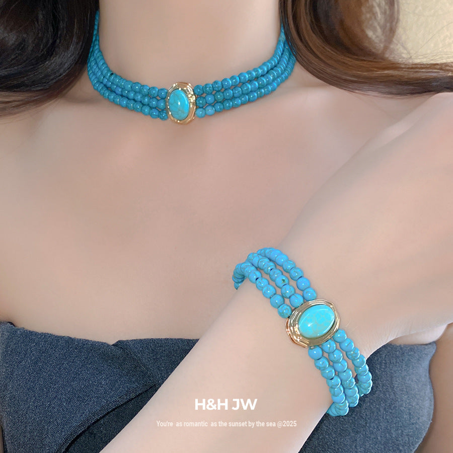European And American Multi-Layered Green Stone Beaded Necklace For Women, Fashionable And Simple Clavicle Chain, Retro Ethnic Style Necklace Wholesale